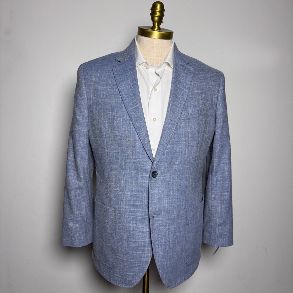 Nordstrom Blazer Mens 42R Blue Solid Wool Linen Blend Trim Fit Sport Coat